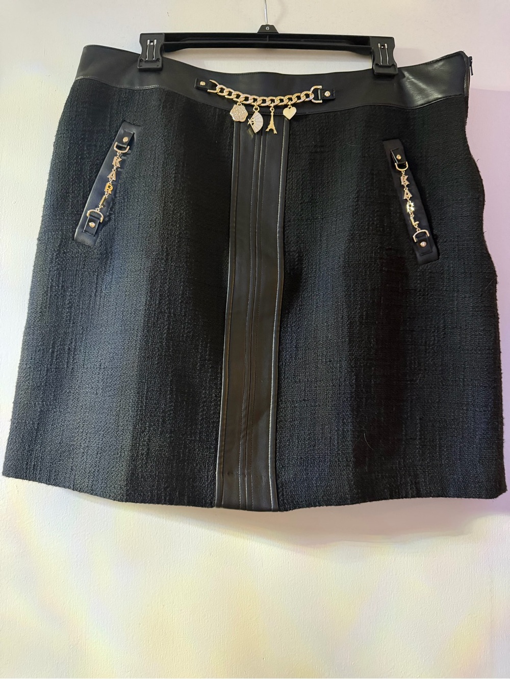 Black Karl Textured Mini Skirt with Gold Chain Detail